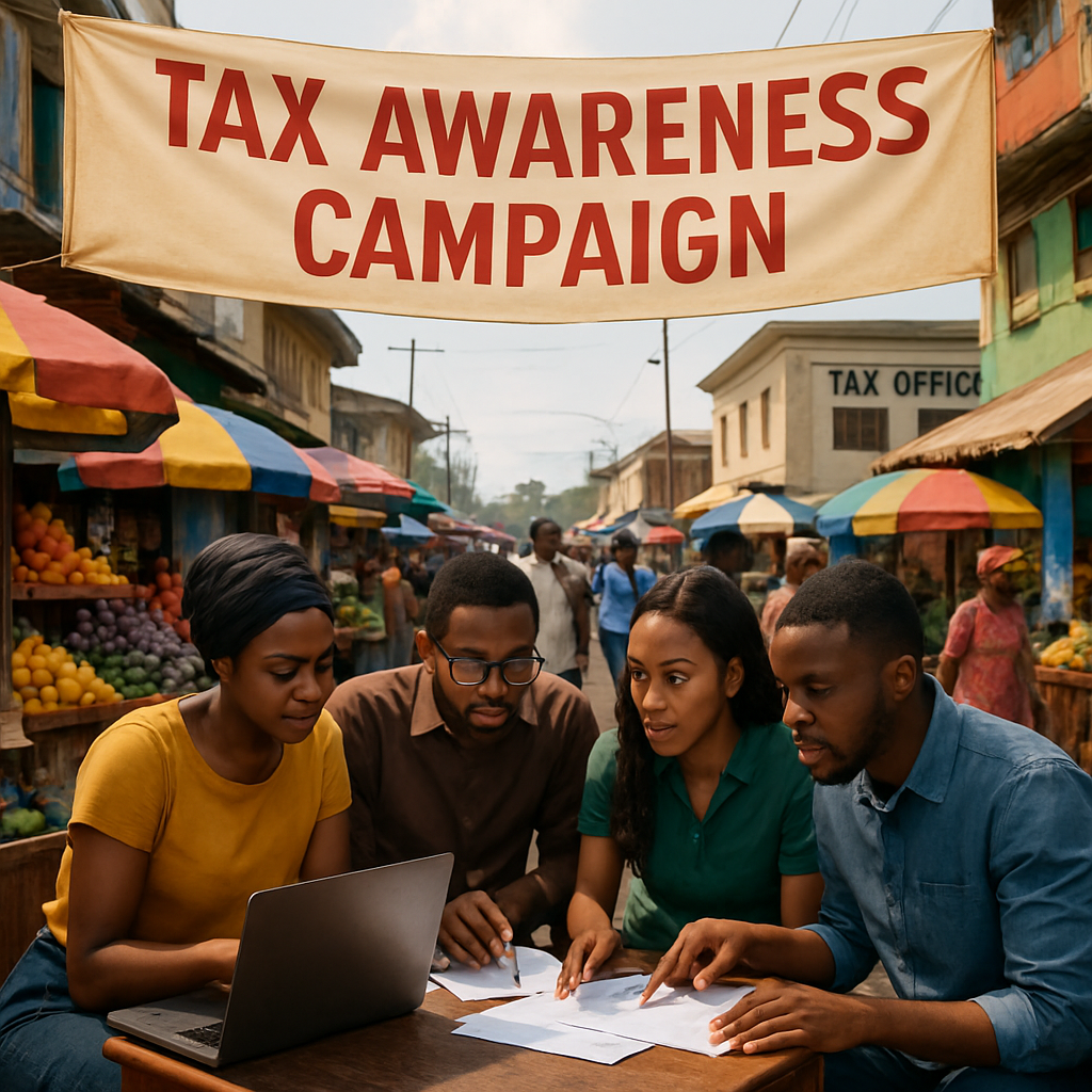 The image depicts a bustling Nigerian marketplace vibrant with activity In the foreground a group of freelancers and digital entrepreneurs gather arou